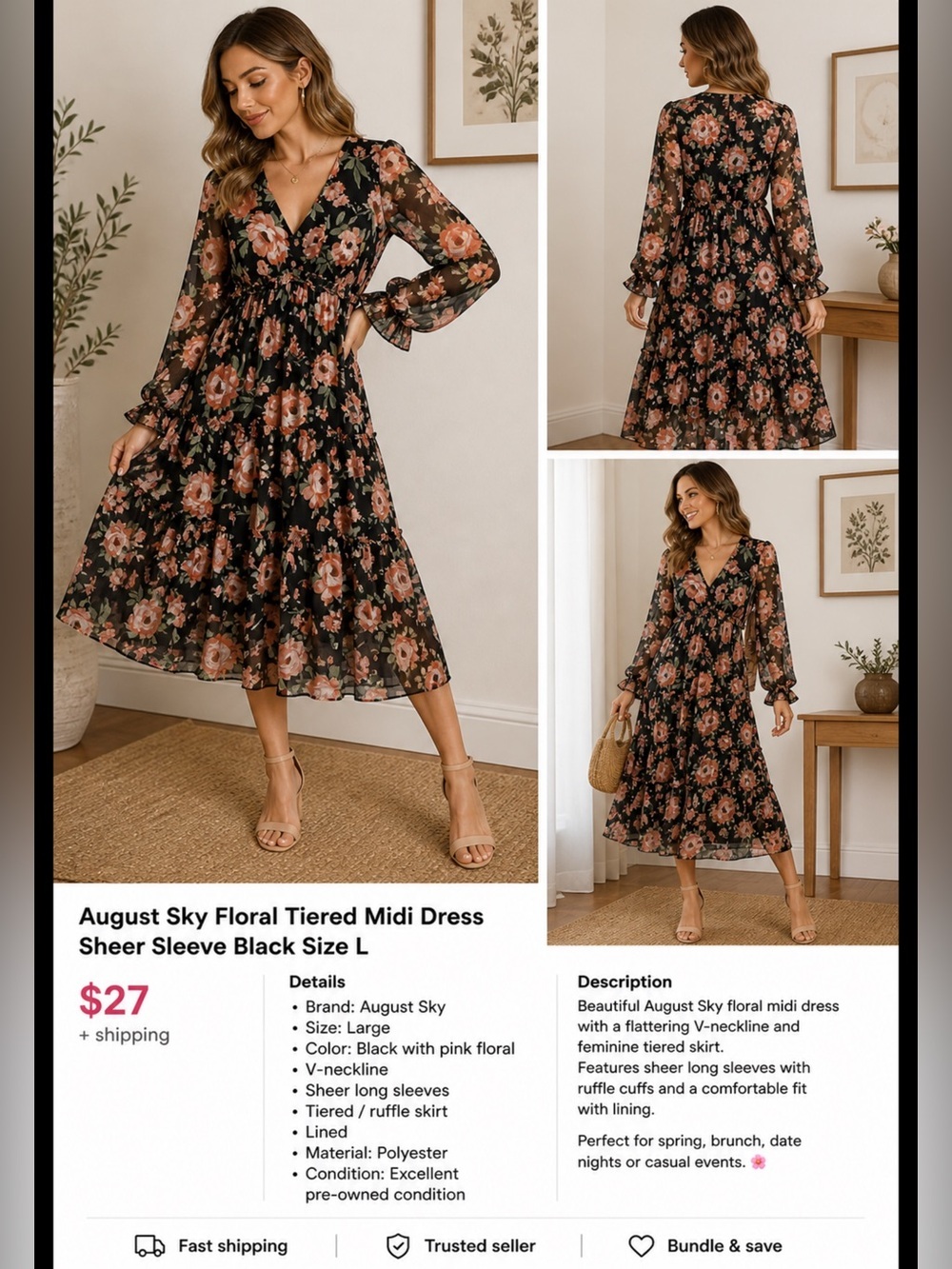 August Sky Floral Tiered Midi Dress Sheer Sleeve Black Size L